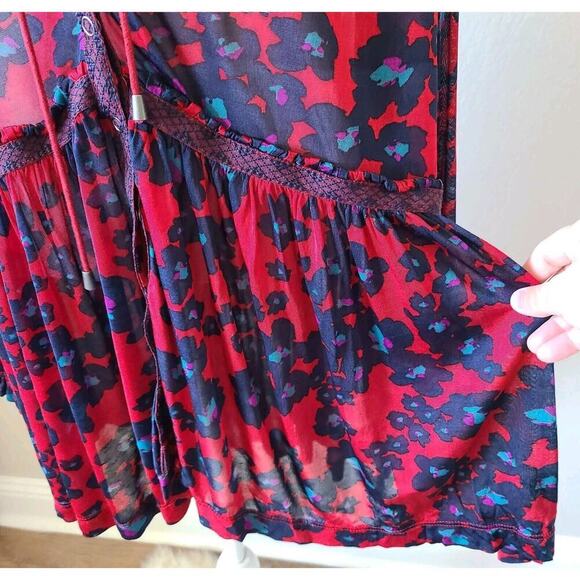 Free People Love Letter Tunic Mini Dress XS Sheer Balloon Sleeves Lace Boho Red - Picture 3 of 11